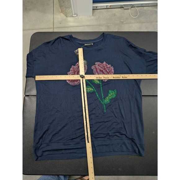 NWT Joei & i ROSE RHINESTONE LONG SLEEVE T-SHIRT Navy Blue Cotton Size 2X - Picture 6 of 6